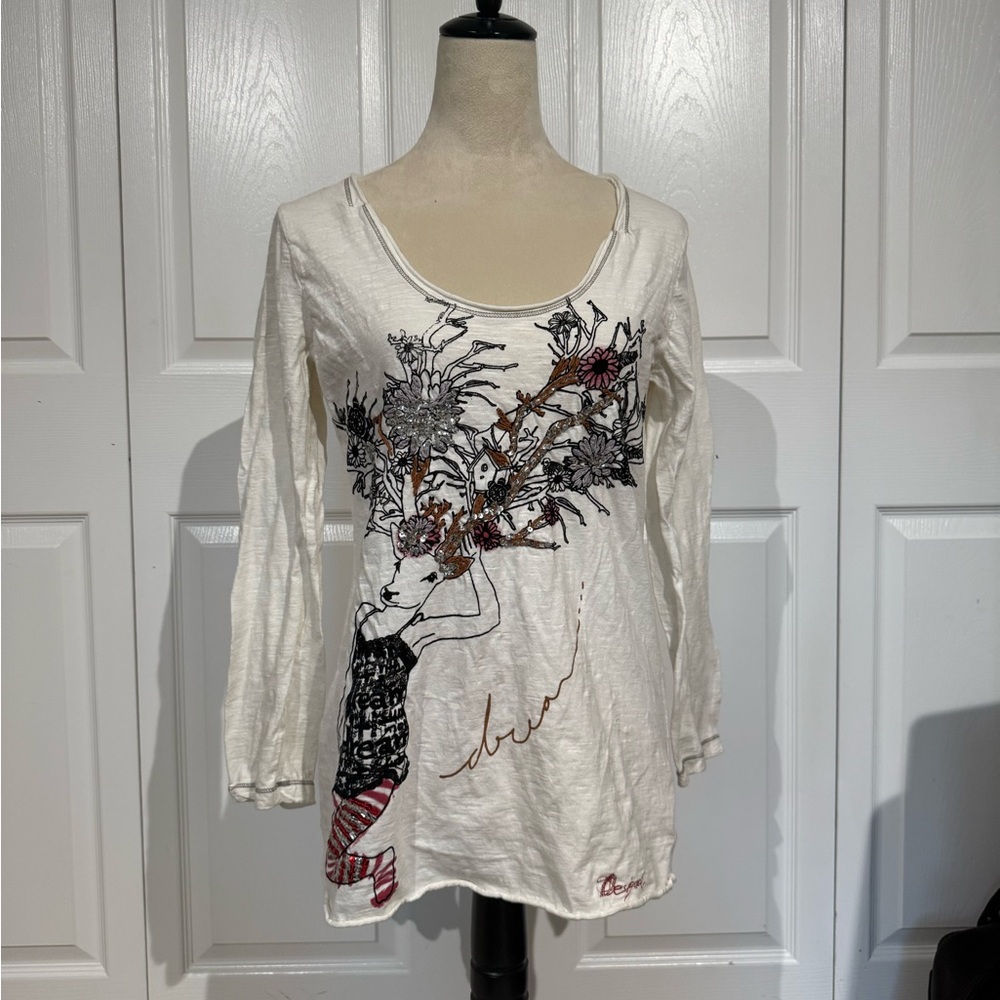 Desigual White Graphic Long Sleeve Top - Deer Floral Sequin Art - Size XL